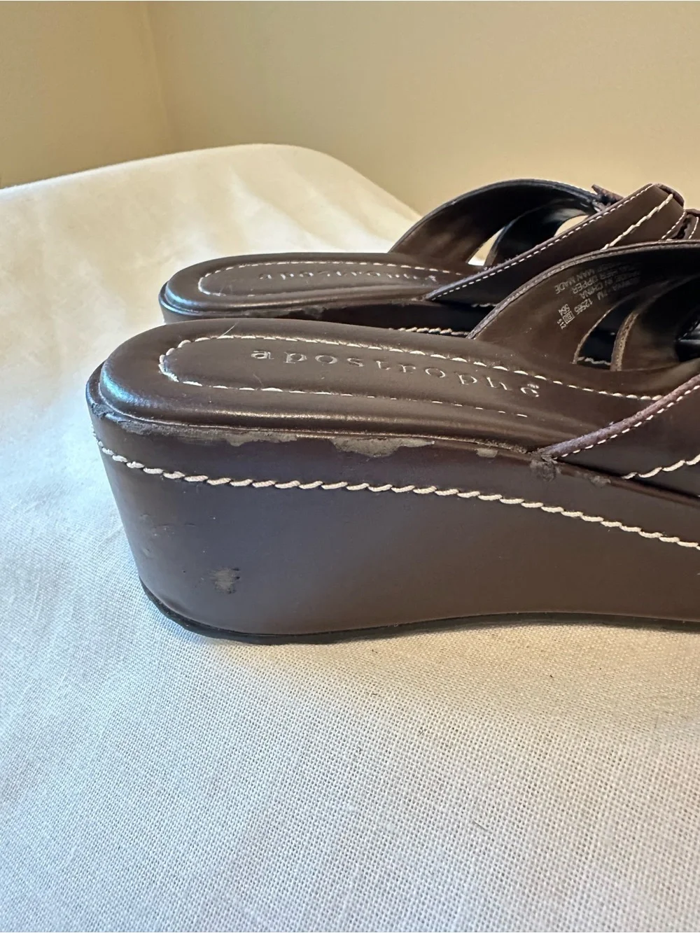 Y2K Apostrophe Sonya Brown Leather Wedge Slide Sandals 7 Boho 90s Chunky Grunge